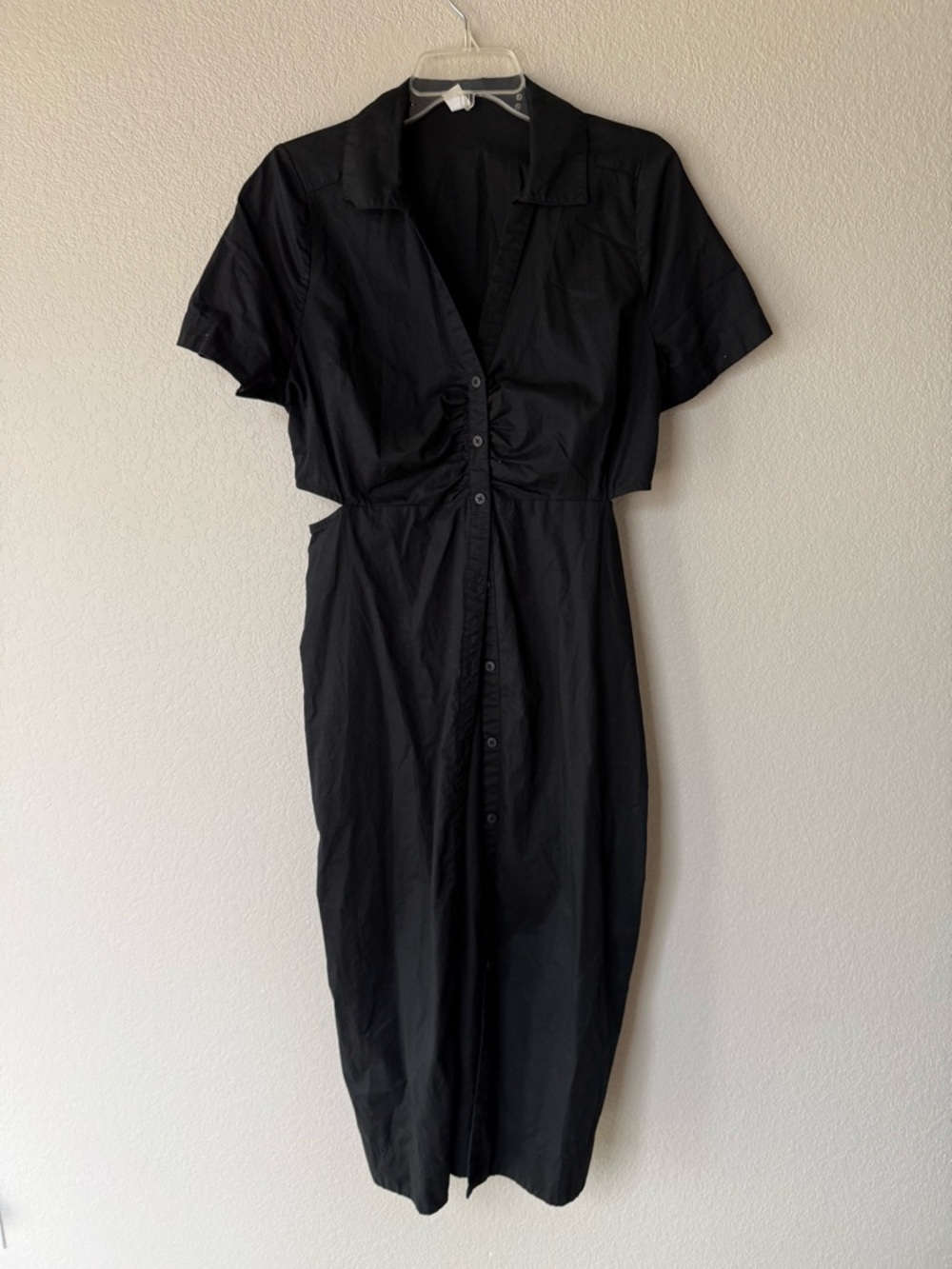 100% Cotton Black Button-Front Short Sleeve Maxi Dress